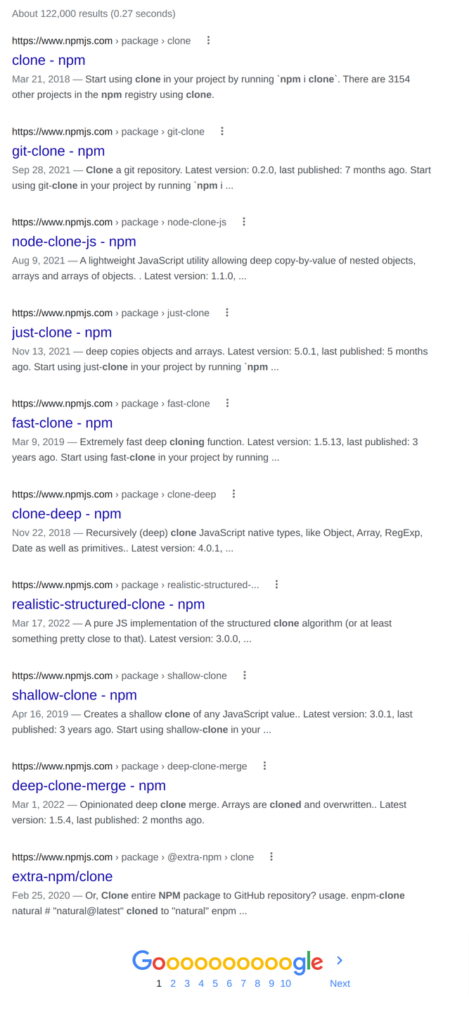First page of Google results for npm packages implementing deep-copy